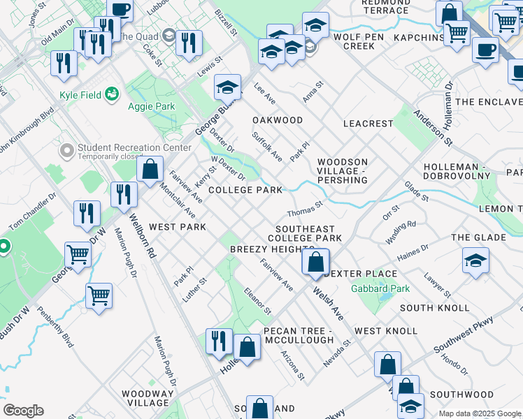 map of restaurants, bars, coffee shops, grocery stores, and more near 700 Hereford Street in College Station