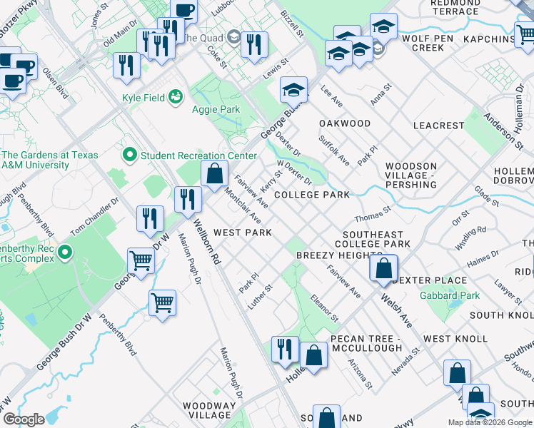 map of restaurants, bars, coffee shops, grocery stores, and more near 500 Fairview Avenue in College Station