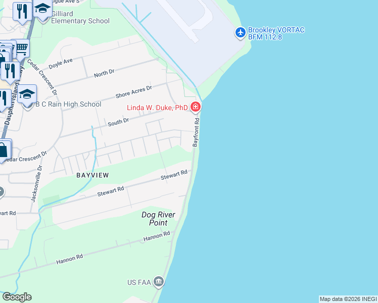 map of restaurants, bars, coffee shops, grocery stores, and more near Bay View Drive in Mobile