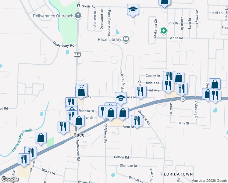 map of restaurants, bars, coffee shops, grocery stores, and more near 4620 Carmel Circle in Pace