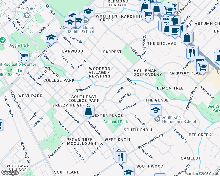 map of restaurants, bars, coffee shops, grocery stores, and more near 1003 Holleman Drive in College Station