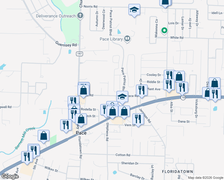 map of restaurants, bars, coffee shops, grocery stores, and more near 4620 Carmel Circle in Pace