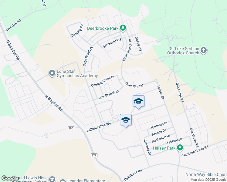 map of restaurants, bars, coffee shops, grocery stores, and more near 2401 Low Branch Cove in Leander