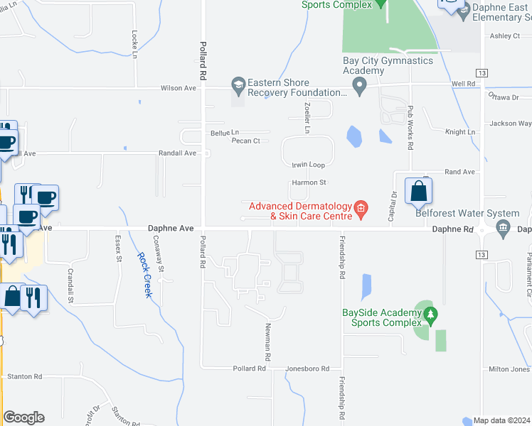 map of restaurants, bars, coffee shops, grocery stores, and more near 8247 Gardenia Court in Daphne
