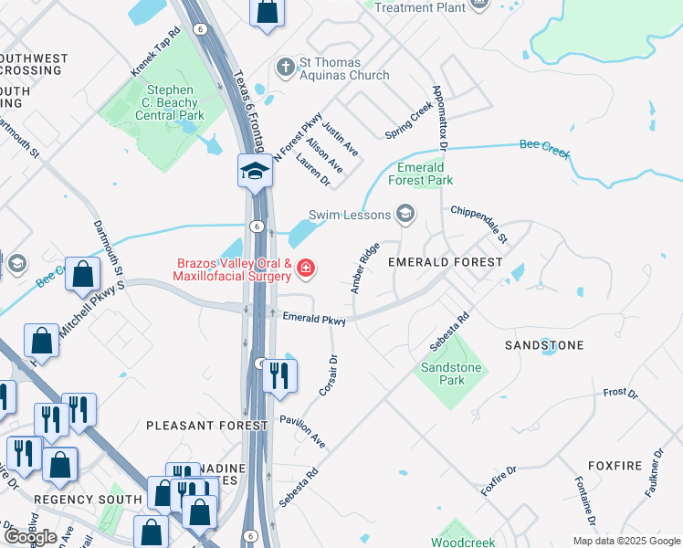 map of restaurants, bars, coffee shops, grocery stores, and more near 8603 Topaz Court in College Station