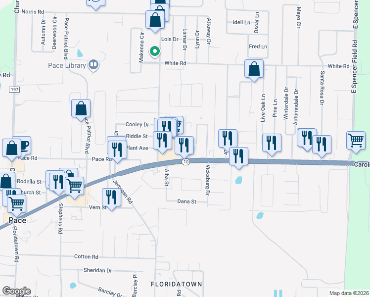 map of restaurants, bars, coffee shops, grocery stores, and more near 4240 U.S. 90 in Pace