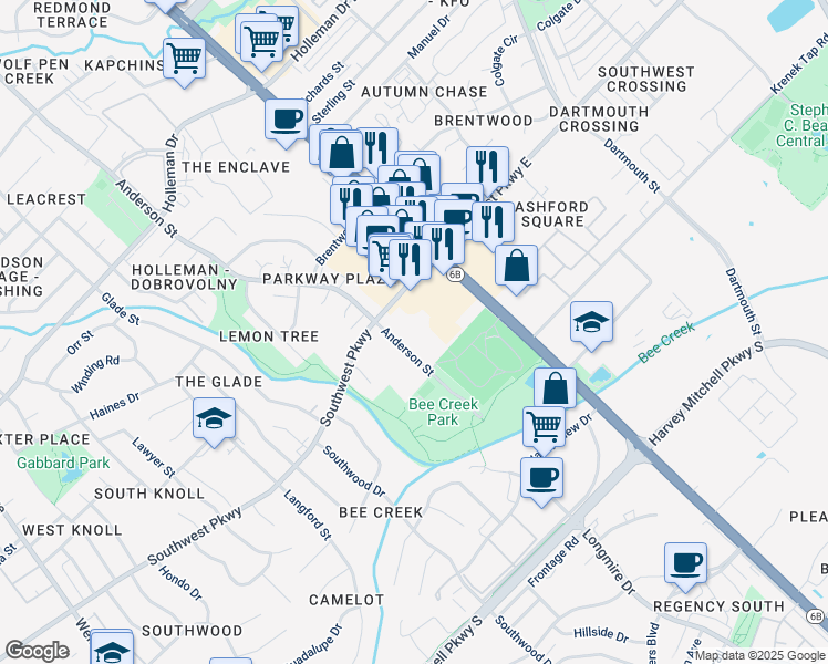 map of restaurants, bars, coffee shops, grocery stores, and more near 1700 Southwest Parkway in College Station