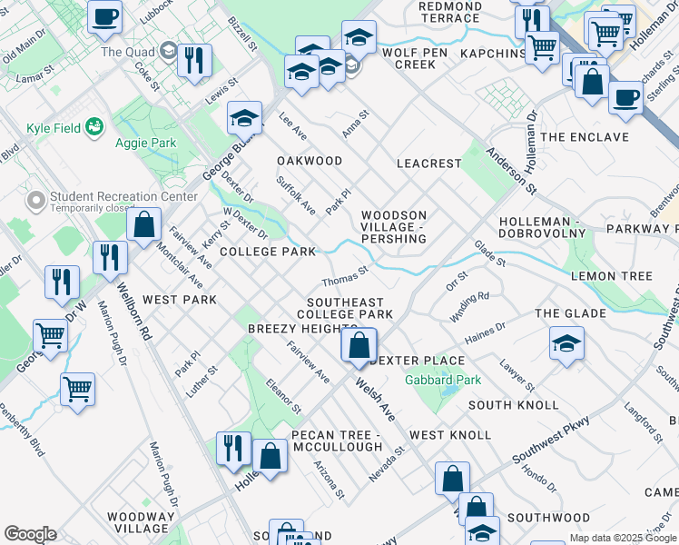 map of restaurants, bars, coffee shops, grocery stores, and more near 805 Dexter Drive South in College Station