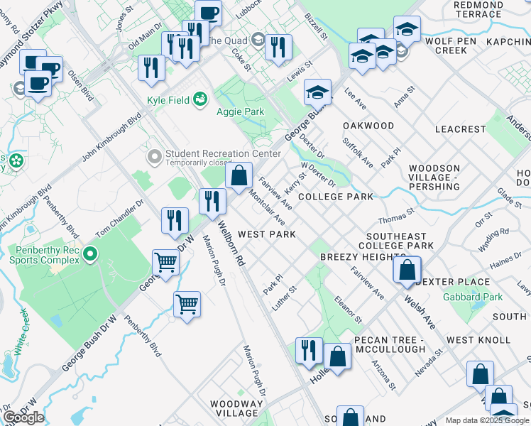 map of restaurants, bars, coffee shops, grocery stores, and more near 304 Montclair Avenue in College Station