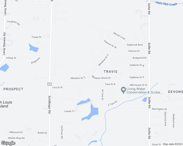 map of restaurants, bars, coffee shops, grocery stores, and more near 7495 South Meadow Drive in Mobile