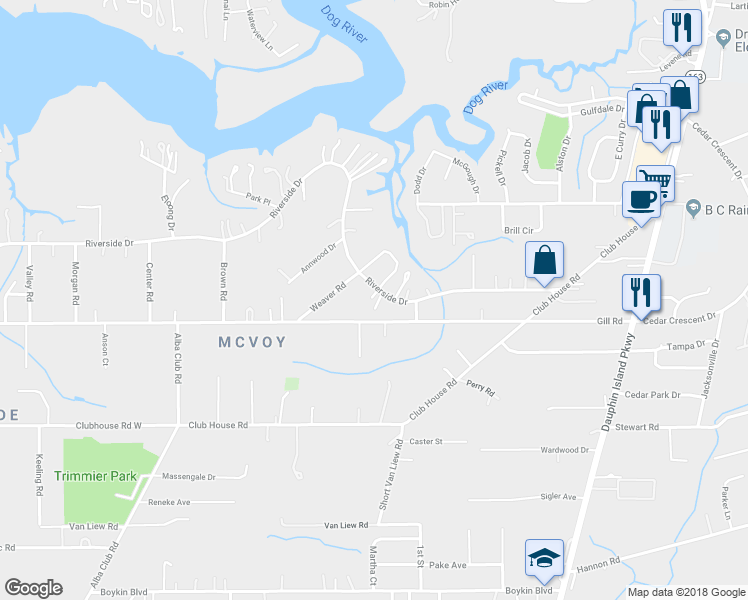 map of restaurants, bars, coffee shops, grocery stores, and more near 2101 Riverside Drive in Mobile