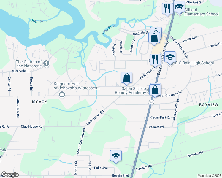 map of restaurants, bars, coffee shops, grocery stores, and more near 1819 Riverside Drive in Mobile