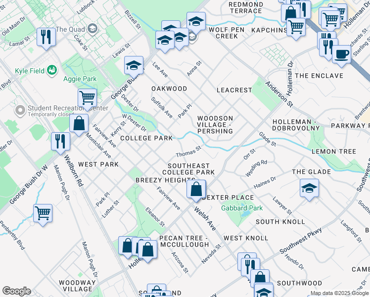 map of restaurants, bars, coffee shops, grocery stores, and more near 805 Dexter Drive South in College Station