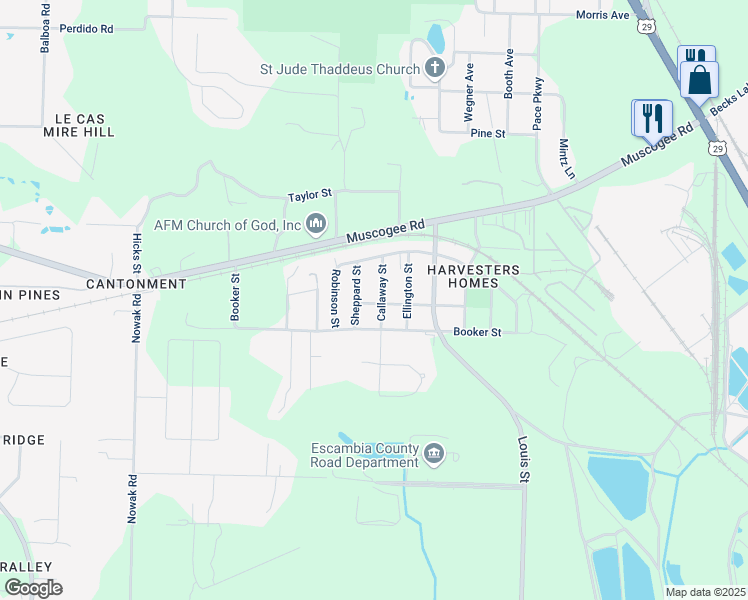 map of restaurants, bars, coffee shops, grocery stores, and more near 111 Callaway Street in Cantonment