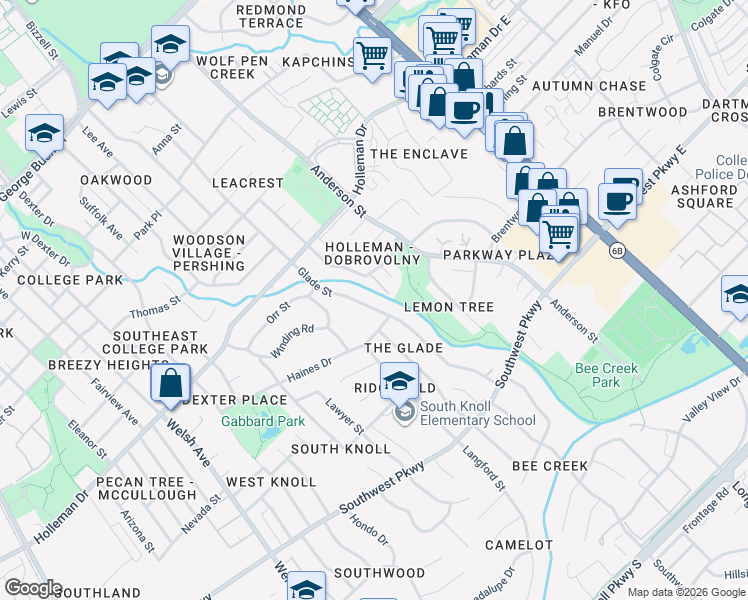 map of restaurants, bars, coffee shops, grocery stores, and more near 1208 Glade Street in College Station