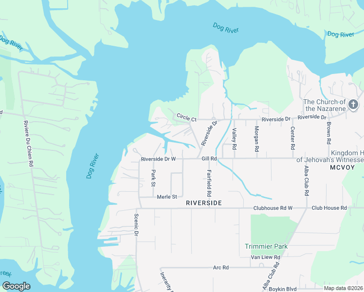 map of restaurants, bars, coffee shops, grocery stores, and more near 2958 Riverside Drive in Mobile