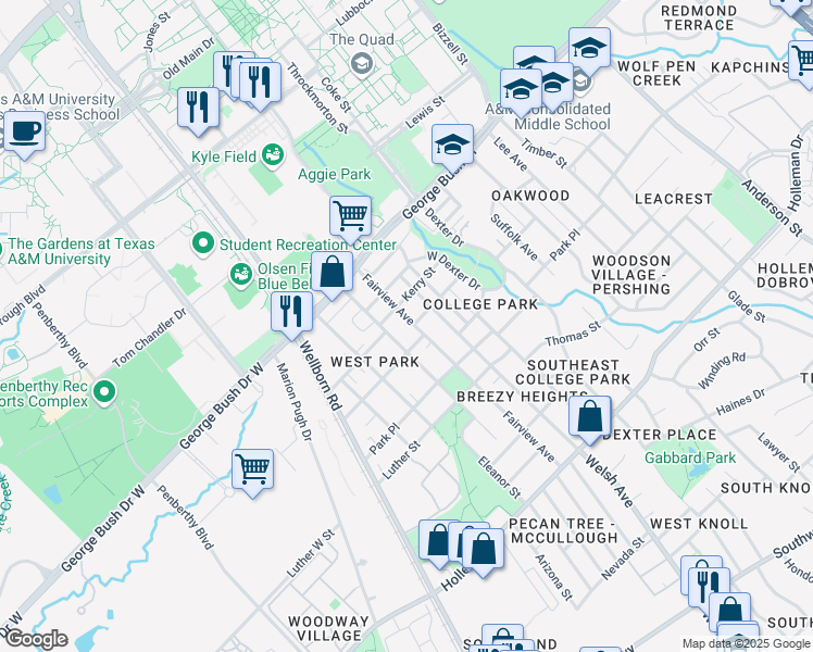 map of restaurants, bars, coffee shops, grocery stores, and more near 408 Fairview Avenue in College Station