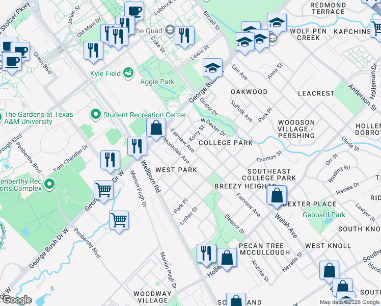 map of restaurants, bars, coffee shops, grocery stores, and more near 500 Fairview Avenue in College Station