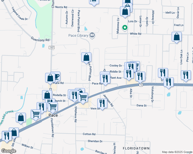 map of restaurants, bars, coffee shops, grocery stores, and more near 4610 Belvedere Circle in Pace