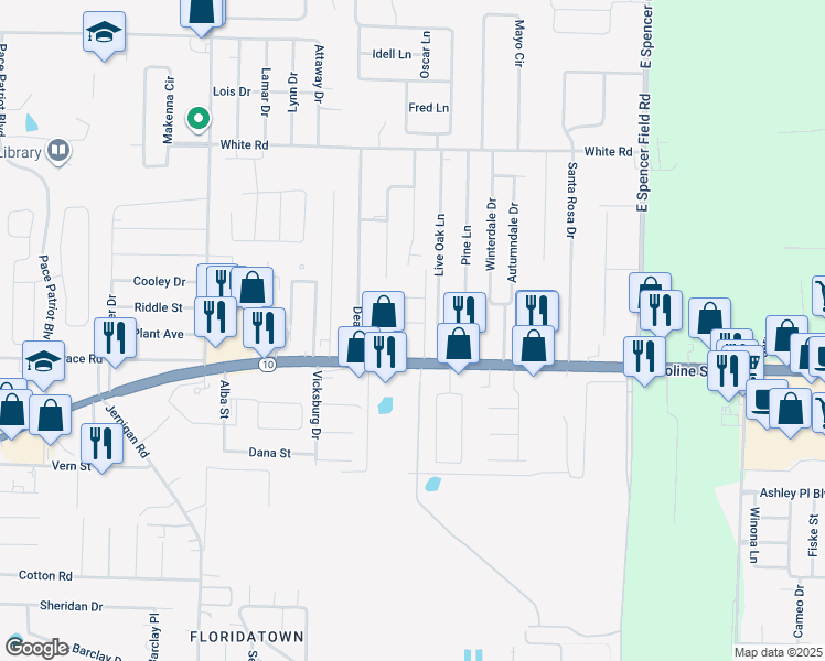 map of restaurants, bars, coffee shops, grocery stores, and more near 4605 Laquinta Court in Pace