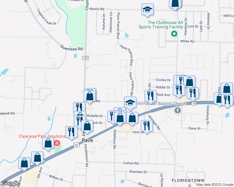 map of restaurants, bars, coffee shops, grocery stores, and more near 4600-4648 Crossing Court in Pace