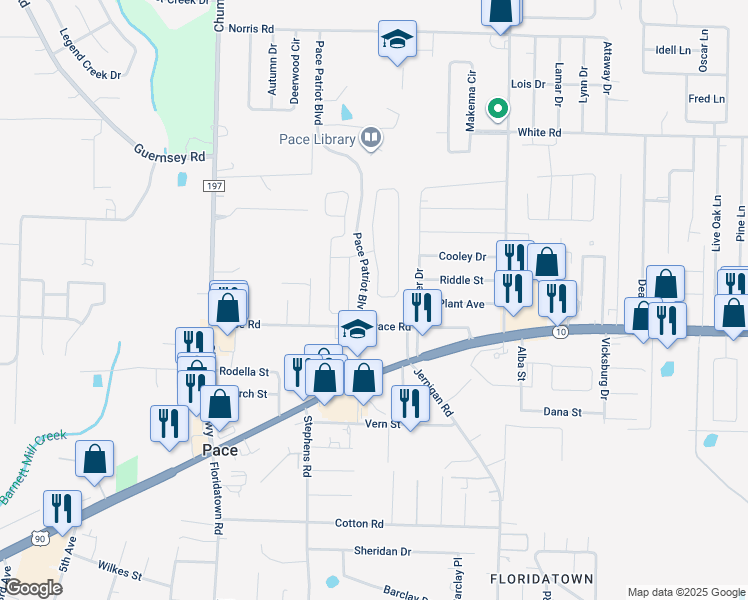 map of restaurants, bars, coffee shops, grocery stores, and more near 4610 Belvedere Circle in Pace