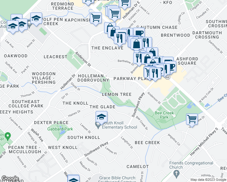 map of restaurants, bars, coffee shops, grocery stores, and more near 1500 Lemon Tree Lane in College Station