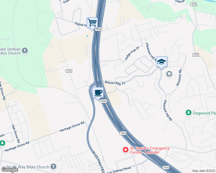 map of restaurants, bars, coffee shops, grocery stores, and more near 183A Toll Road in Leander