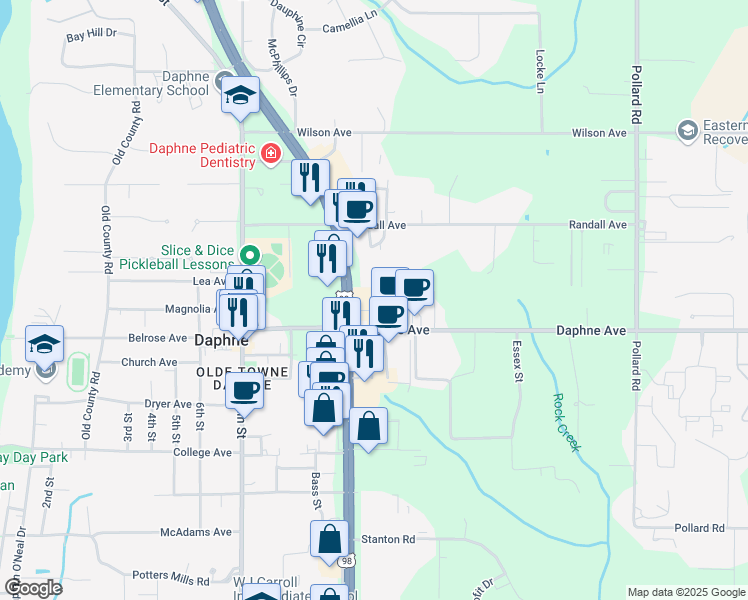 map of restaurants, bars, coffee shops, grocery stores, and more near 1802 U.S. 98 in Daphne