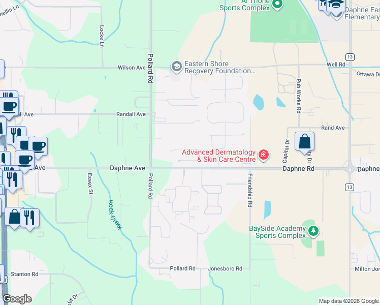 map of restaurants, bars, coffee shops, grocery stores, and more near 8247 Gardenia Court in Daphne