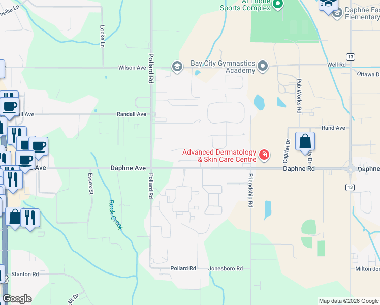 map of restaurants, bars, coffee shops, grocery stores, and more near 8247 Gardenia Court in Daphne