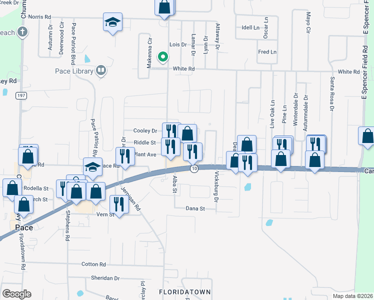 map of restaurants, bars, coffee shops, grocery stores, and more near 4240 U.S. 90 in Pace