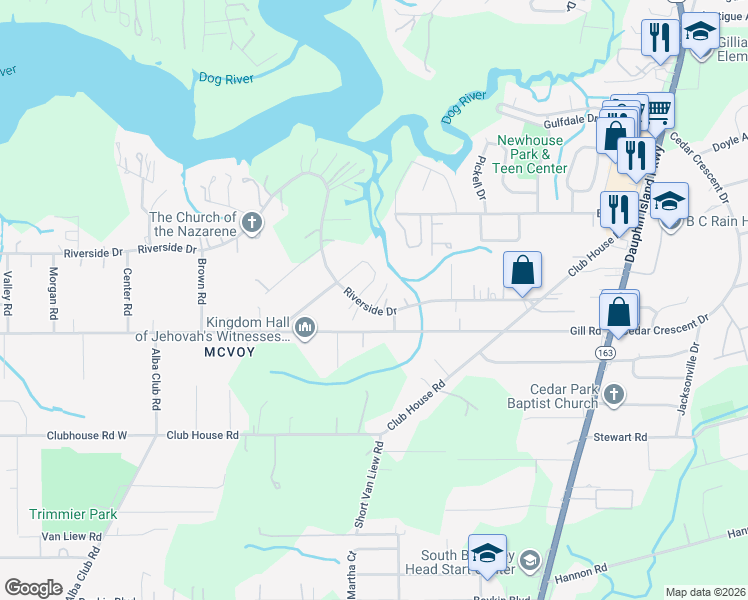 map of restaurants, bars, coffee shops, grocery stores, and more near 2009 Riverside Drive in Mobile