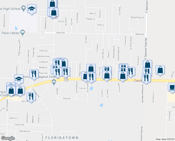 map of restaurants, bars, coffee shops, grocery stores, and more near 4616 Dean Drive in Pace
