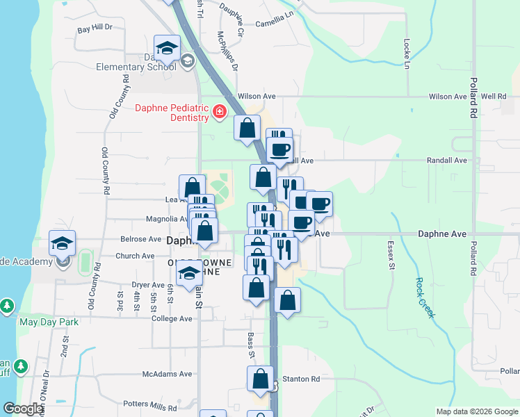 map of restaurants, bars, coffee shops, grocery stores, and more near 1903 U.S. 98 in Daphne