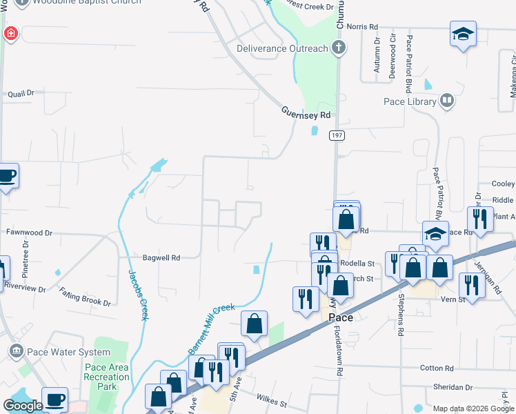 map of restaurants, bars, coffee shops, grocery stores, and more near 4640 Rambling Way in Pace