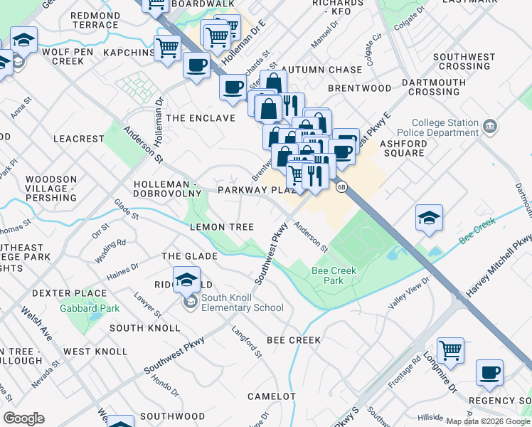 map of restaurants, bars, coffee shops, grocery stores, and more near 1504 Anderson Street in College Station