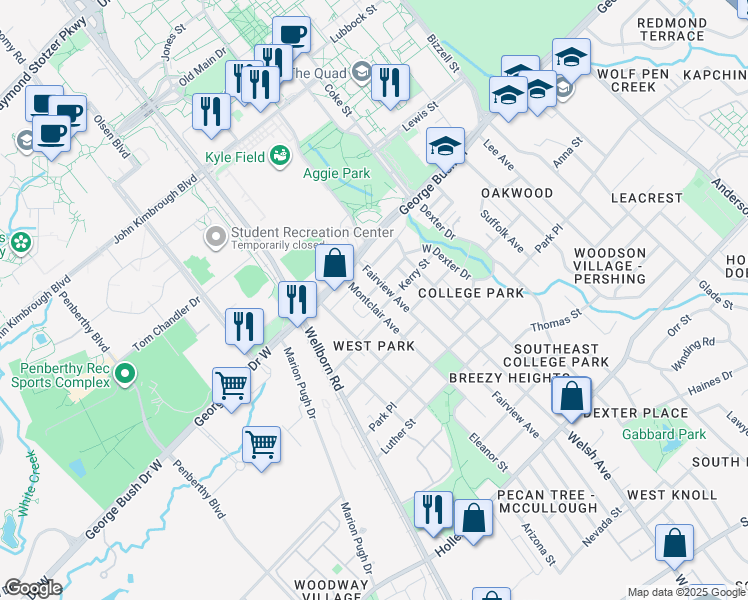 map of restaurants, bars, coffee shops, grocery stores, and more near 208 Fairview Avenue in College Station