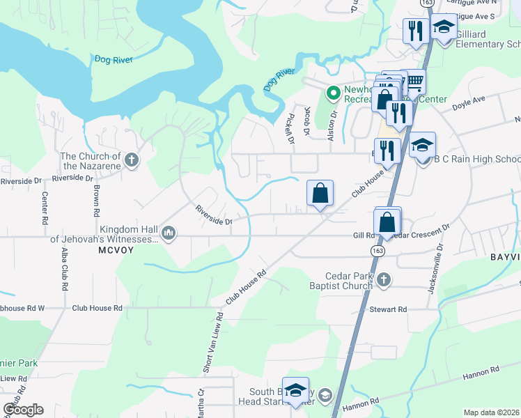 map of restaurants, bars, coffee shops, grocery stores, and more near 3155 Lawton Court in Mobile
