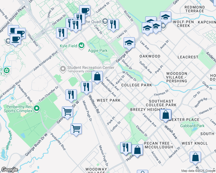 map of restaurants, bars, coffee shops, grocery stores, and more near 208 Fairview Avenue in College Station