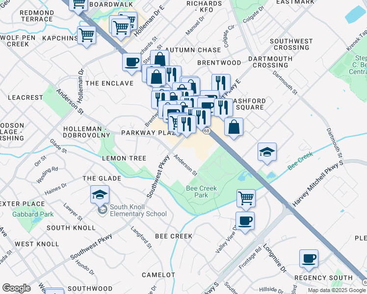 map of restaurants, bars, coffee shops, grocery stores, and more near 1700 Southwest Parkway in College Station