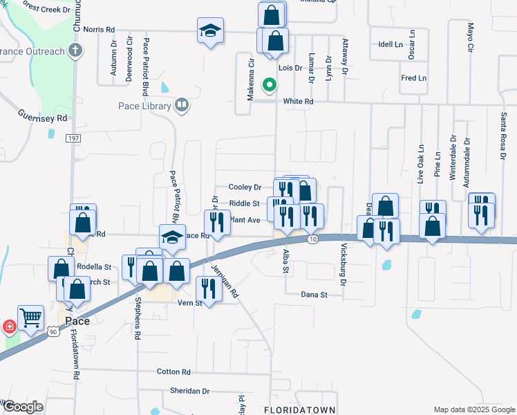 map of restaurants, bars, coffee shops, grocery stores, and more near 4133 Riddle Street in Pace