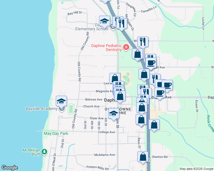 map of restaurants, bars, coffee shops, grocery stores, and more near 20 Saint Charles Place in Daphne