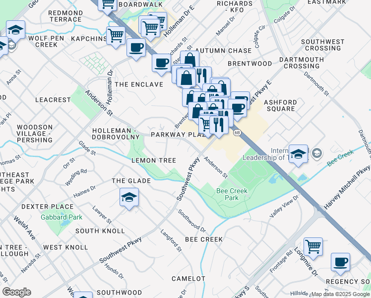 map of restaurants, bars, coffee shops, grocery stores, and more near 1611 Cloverdale Court in College Station