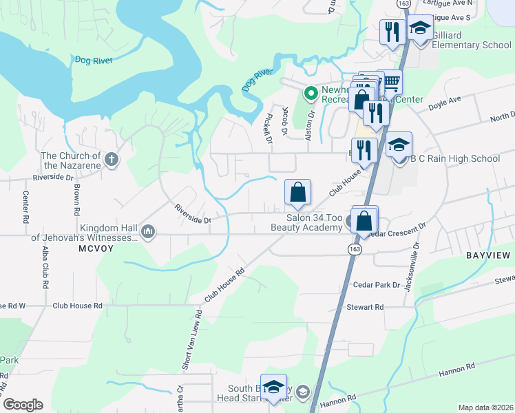 map of restaurants, bars, coffee shops, grocery stores, and more near 3155 Lawton Court in Mobile