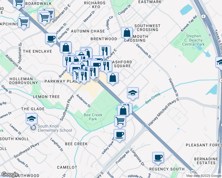 map of restaurants, bars, coffee shops, grocery stores, and more near 2553 Texas Avenue South in College Station