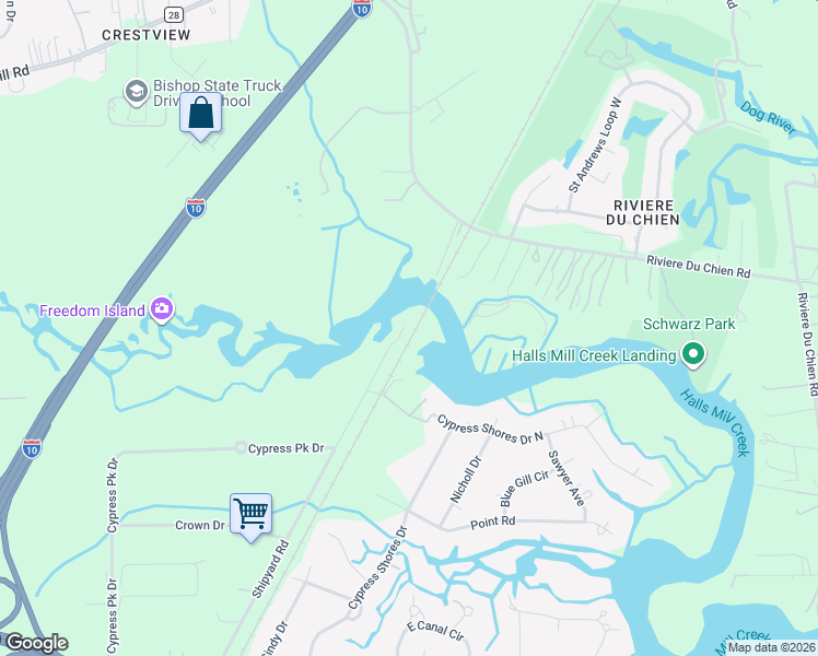 map of restaurants, bars, coffee shops, grocery stores, and more near 4151 Shipyard Road in Mobile