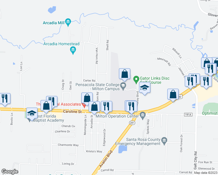 map of restaurants, bars, coffee shops, grocery stores, and more near 4682 Shell Road in Milton