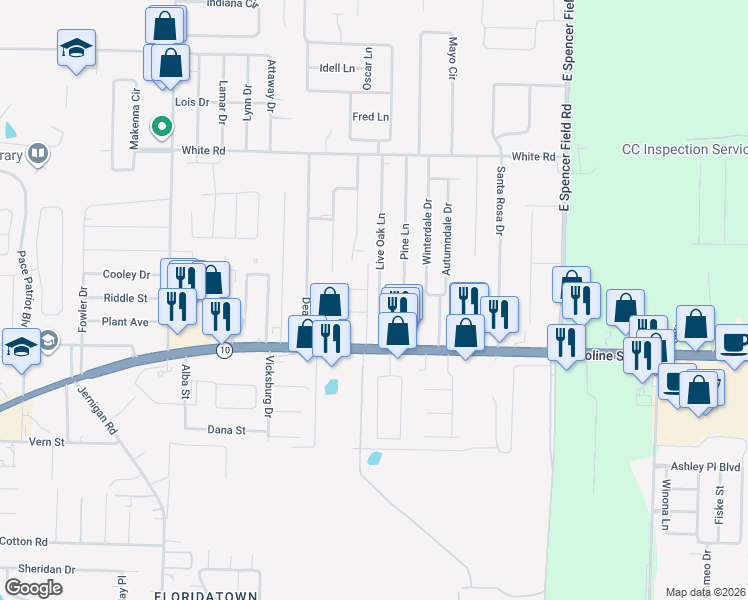 map of restaurants, bars, coffee shops, grocery stores, and more near 4641 Live Oak Lane in Milton