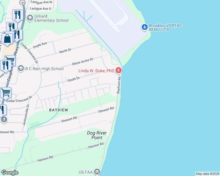 map of restaurants, bars, coffee shops, grocery stores, and more near Bay View Dr in Mobile